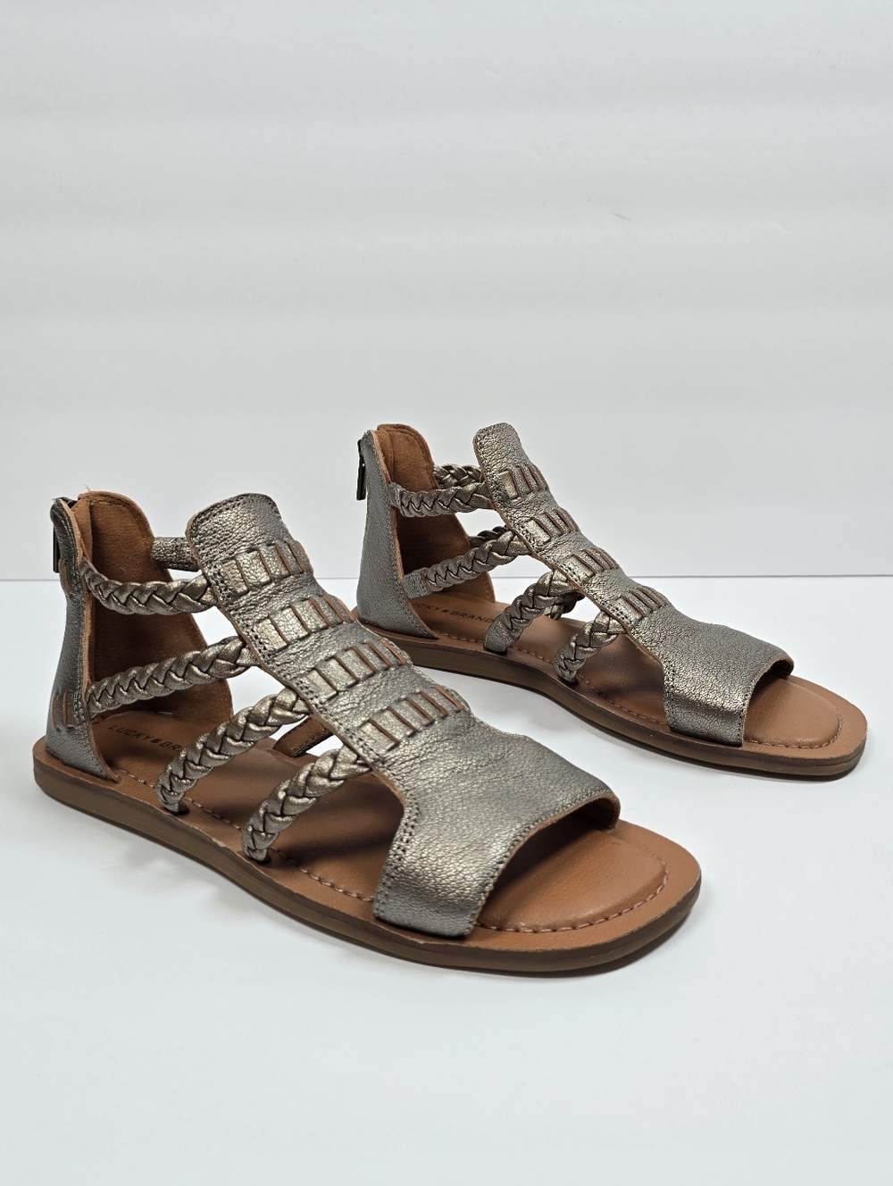 Lucky Brand Biretta Gladiator Sandals Metallic Pewter Braided Flats Size 8